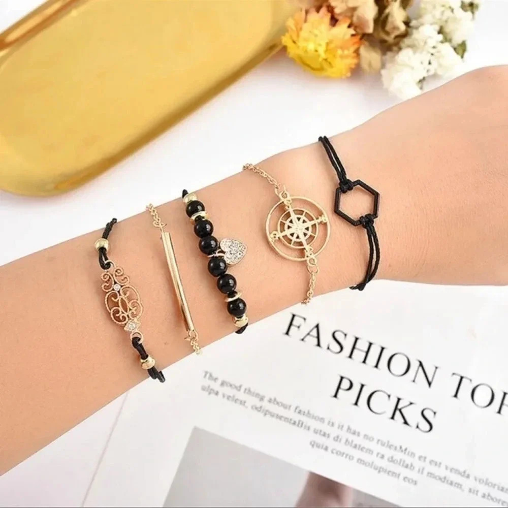 5 piece Black & Gold Beaded Bracelet Set